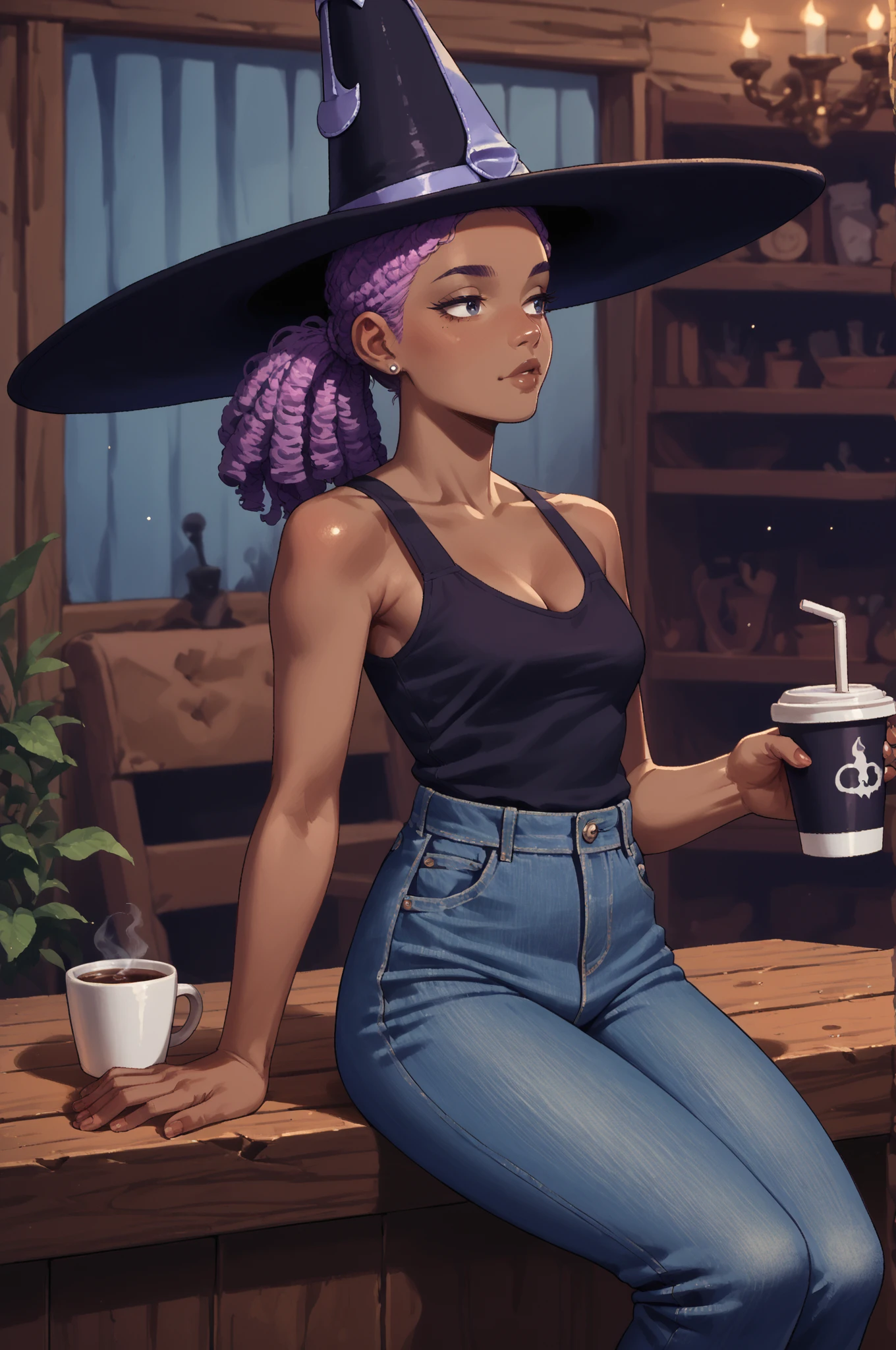 score_9, score_8_up, score_7_up, score_6_up, score_5_up, score_4_up, (high quality, detailed, beautiful)  <lora:Helene_epoch_9:0.99> helene_potnom, witch_hat, tank_top, jeans, dark_skin, sitting, cafe, holding_cup, purple_hair