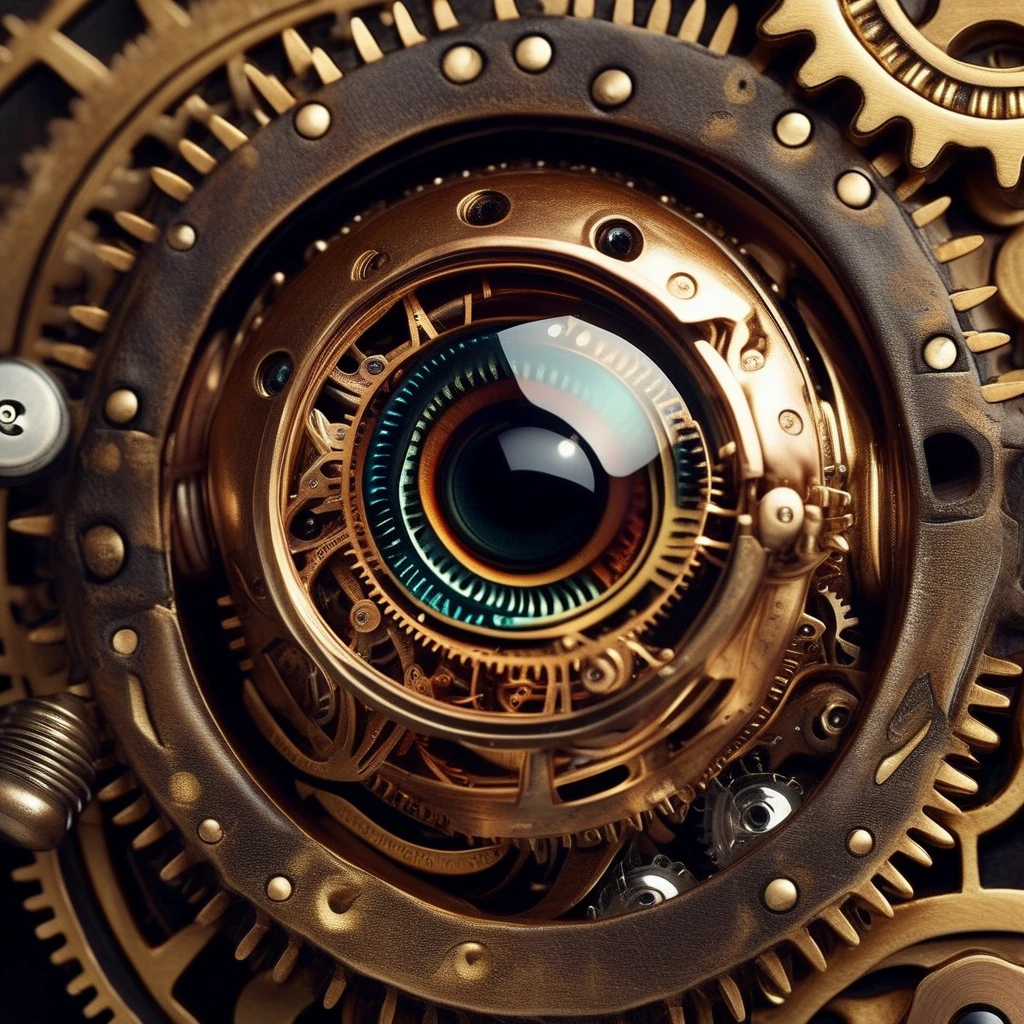 Extreme close-up of a steampunk mechanical eye, with cogs and gears surrounding a brass-colored iris and a keyhole-shaped pupil.
