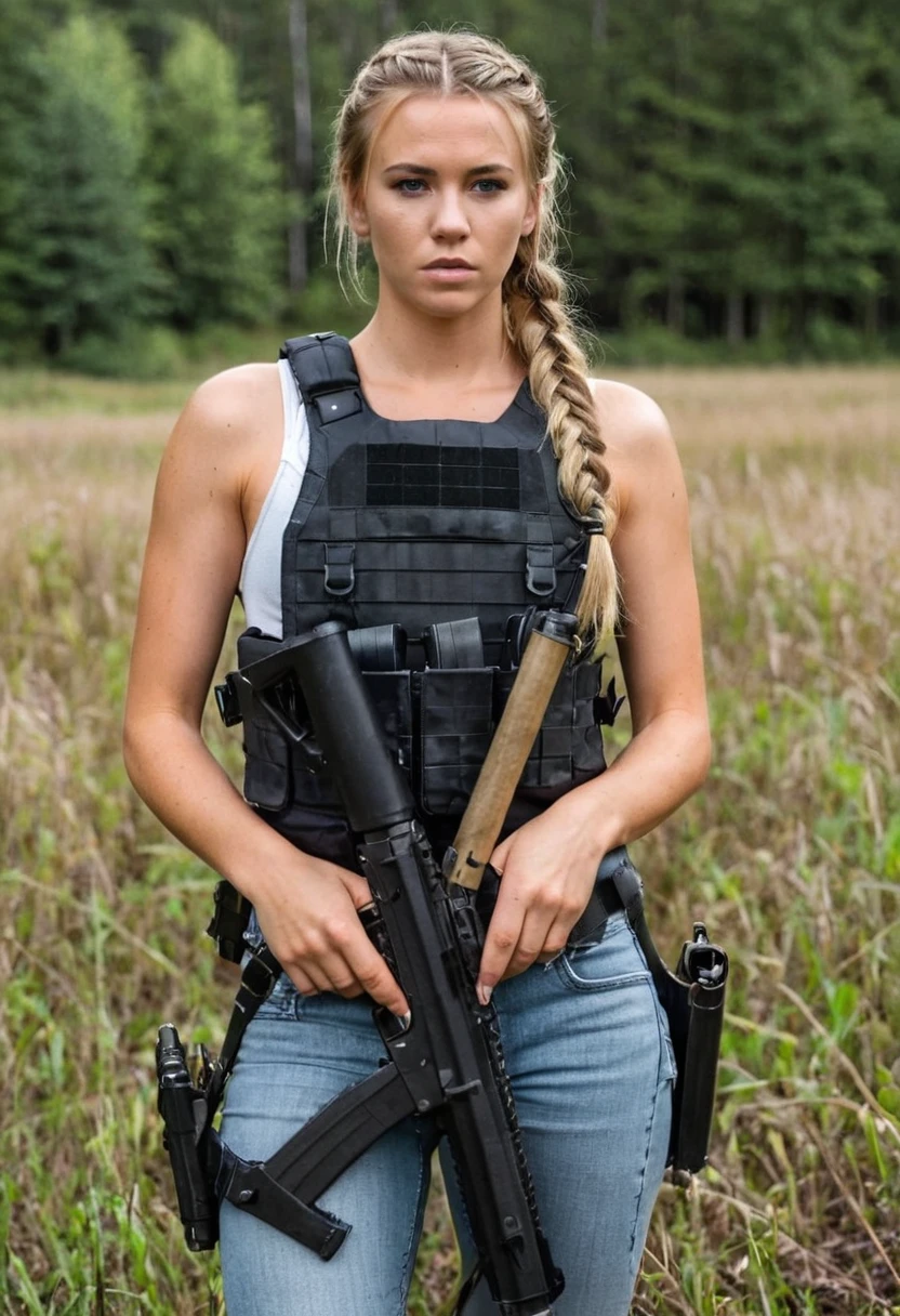 A photograph taken on an iPhone. The photo is of an attractive 23-year-old Danish undercover soldier with braided blonde hair. She is wearing blue jeans and a white tank top under a black military tactical vest body armor. The shot is of her standing and holding a rifle at chest level. She is standing in a forested field. The vibe is somber, eerie <lora:Tactical_Mk_3:0.4>