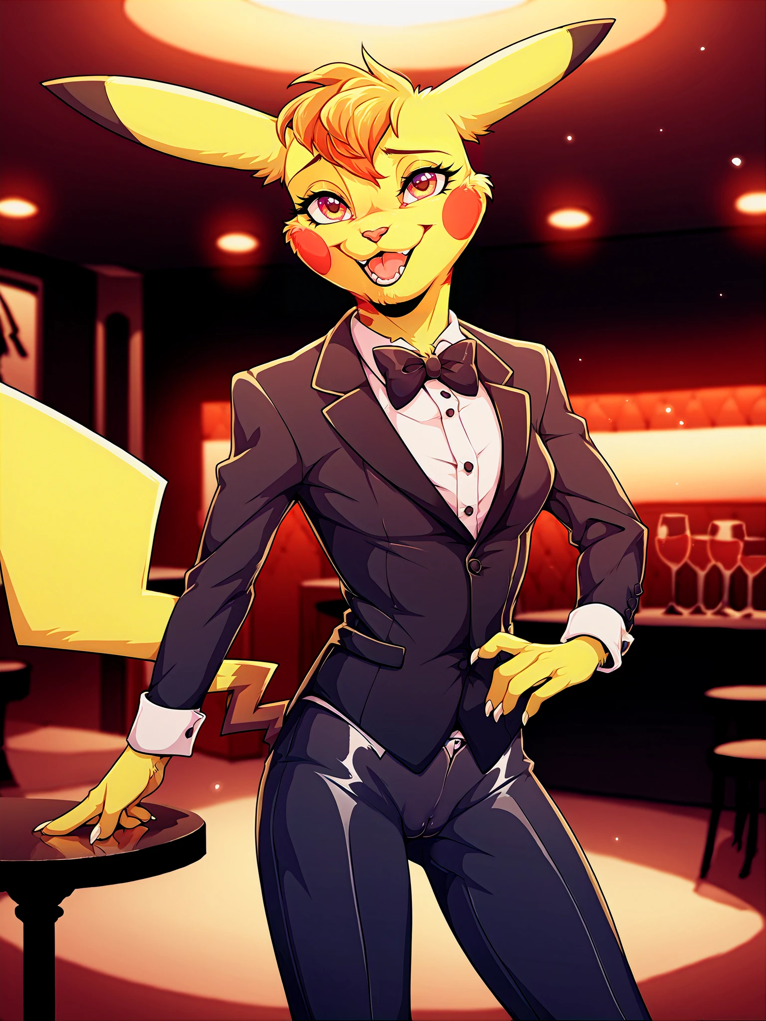 score_9, score_8_up, score_7_up, source_furry, 1girl, (pikachu:1.2), anthro, smile, smrik, looking at viewer, detailed background, <lora:xNIROx_Style_PDXL:0.8>, fluffy fur, detailed fur,
slim, tuxedo, medium breasts, bow tie, tight tuxedo pants, (cameltoe:0.9), yellow fur, tuxedo jacket, long sleeves,
formal party background, formal bar background, inside,