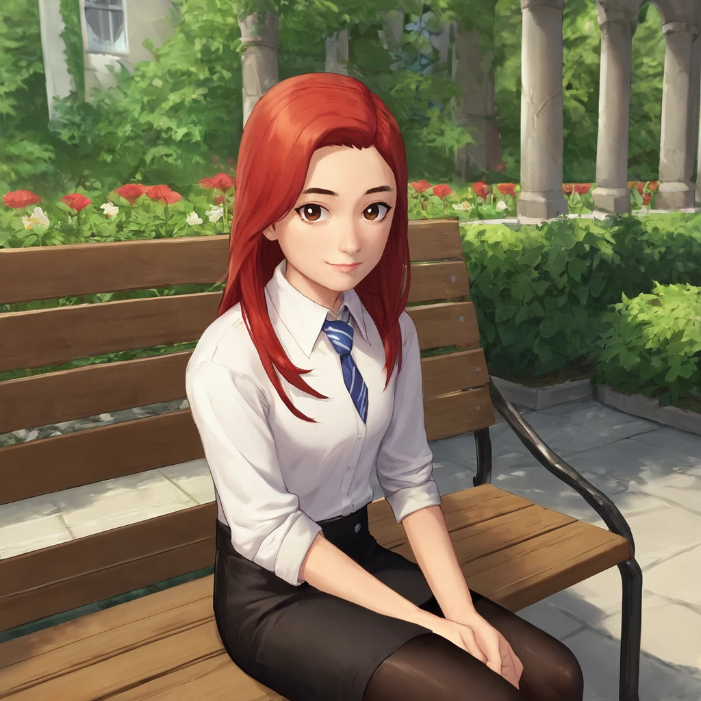 score_9,score_8_up, score_7_up, BREAK
school, garden, outdoors, bench,
<lora:Tulipkarasu_SDXL:0.72>, tulipkarasu, 1girl, sitting, brown eyes, looking at viewer, (smile:0.6), red hair, long hair, solo, black skirt, jewelry, white shirt, collared shirt, long necktie, blue necktie, striped necktie, sleeves rolled up, thighs, black pantyhose