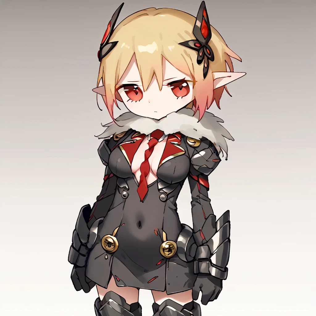 <lora:!:1>,   <lora:darkfalzyoung:0.8> FakeApprentice, blonde hair, medium breasts, multicolored hair, pointy ears, red eyes, short hair, sidelocks, hair gradient, gradient hair, black gloves, hair ornament, between breasts, covered navel, necktie, fur collar, suit, dress, armored boots