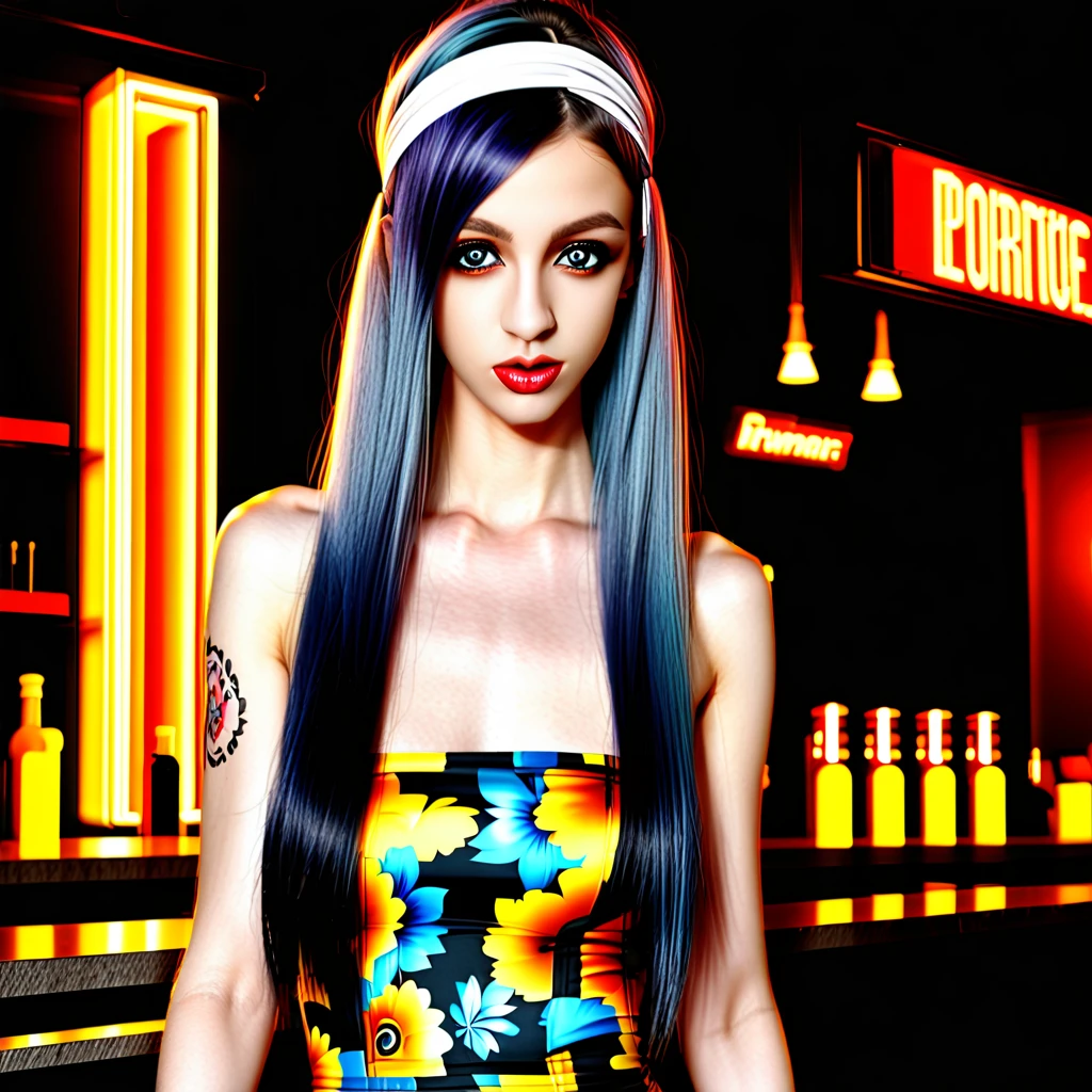 strapless, sleeveless, looking at viewer, hairband, lips, black eyes, bar (place), dress, pants, multicolored hair