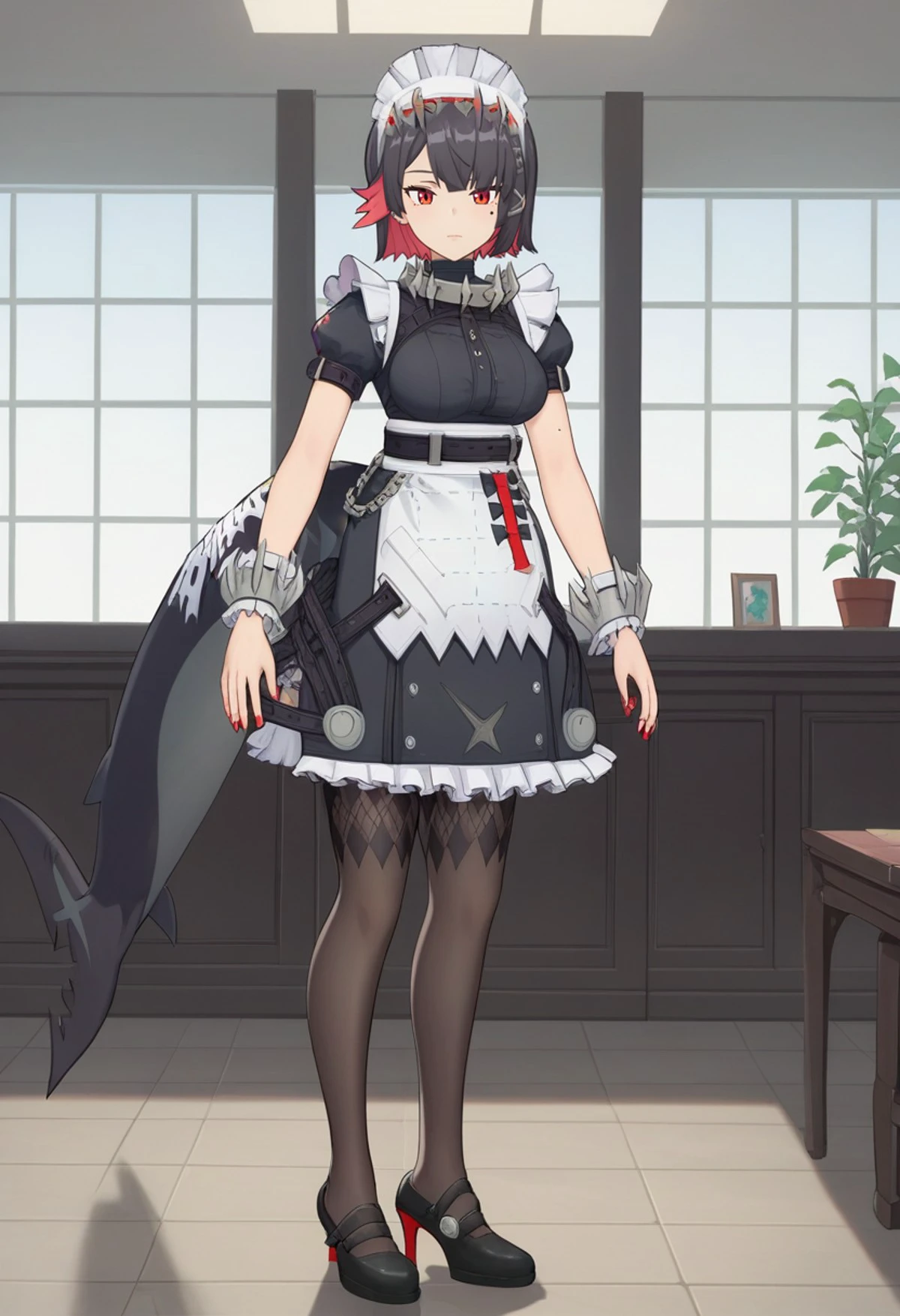 score_9_up, score_8_up, score_7_up, 1girl, solo, full body, standing, maid, black dress, argyle thighband pantyhose, wrist cuffs, headdress, chest harness, high heels, metal collar, maid apron, shark tail, tail print, short hair, red eyes, red nails, moles under eye, ellen joe, indoors <lora:ellen joe xl 014 fro 995:1>