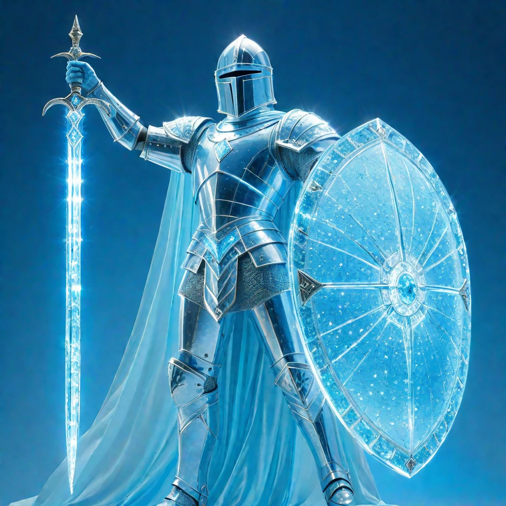 A Glorious Knight with Shield holding a fist up, He is made of light and  aquamarine blue crystal  <lora:ArsMorph_-_World_of_Light_-_SDXL:0.8> arsworldoflight