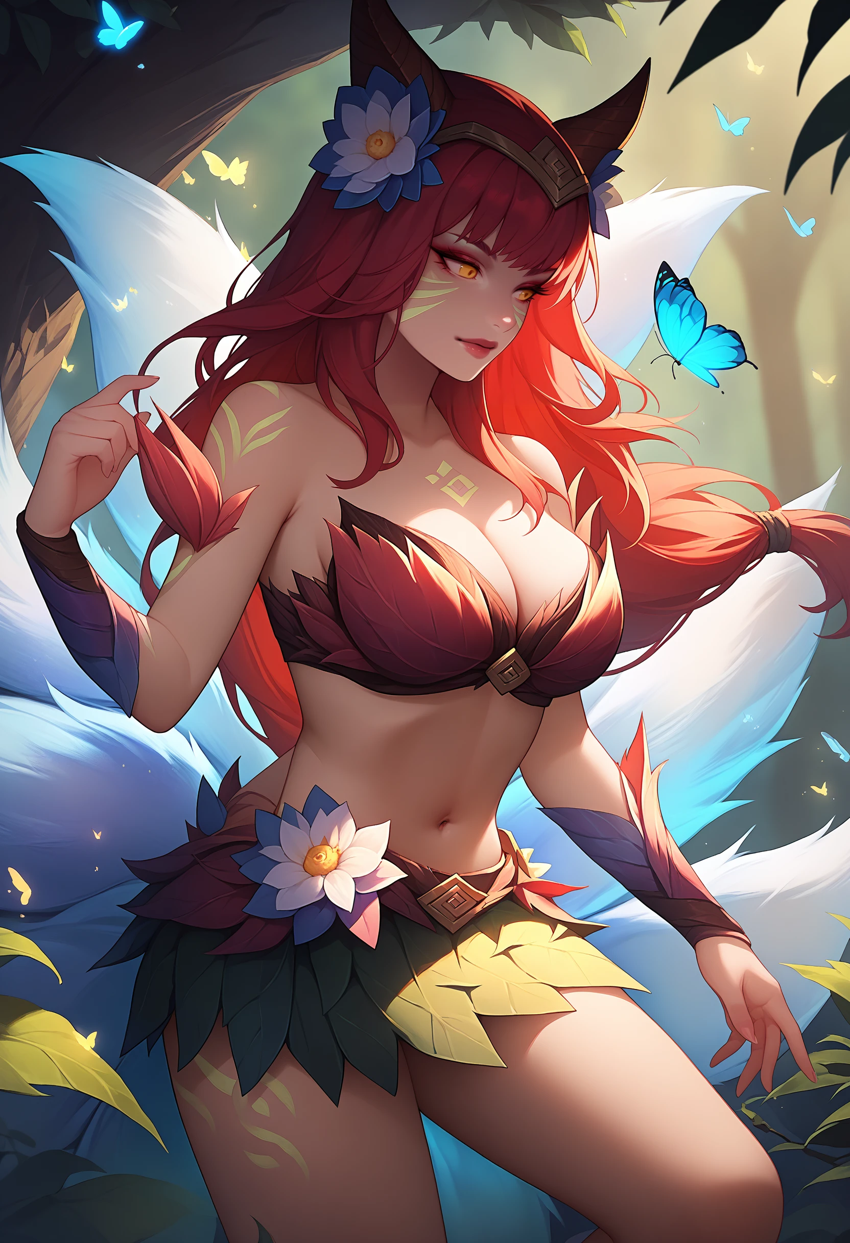 score_9, score_8_up, score_7_up, ahrieldrwod, horns, facial mark, fox tail, multiple tails, long hair, red hair, yellow eyes, large breasts, hair Flower, hair ornament, tattoo, leaf Bikini, bare shoulders, cleavage, navel, leaf skirt, <lora:Ahri_Elderwood_pdxl_Incrs_v1:1>, butterfly, bug, tree, outdoors, glowing, fireflies,