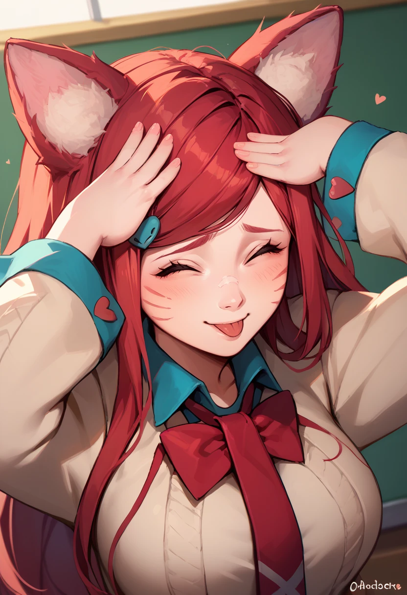 score_9, score_8_up, score_7_up, Ahriacademy, animal ears, facial mark, long hair, red hair, large breasts, hairclip, heart hair ornament, school uniform, bow, bowtie, necktie,  <lora:Ahri_Academy_pdxl_Incrs_v1:1>, <lora:AhEtoBlehMeme_pdxl_Incrs_v1:1>, AhEtoBlehMeme, closed eyes, tongue out, :p, hands on own head, smile