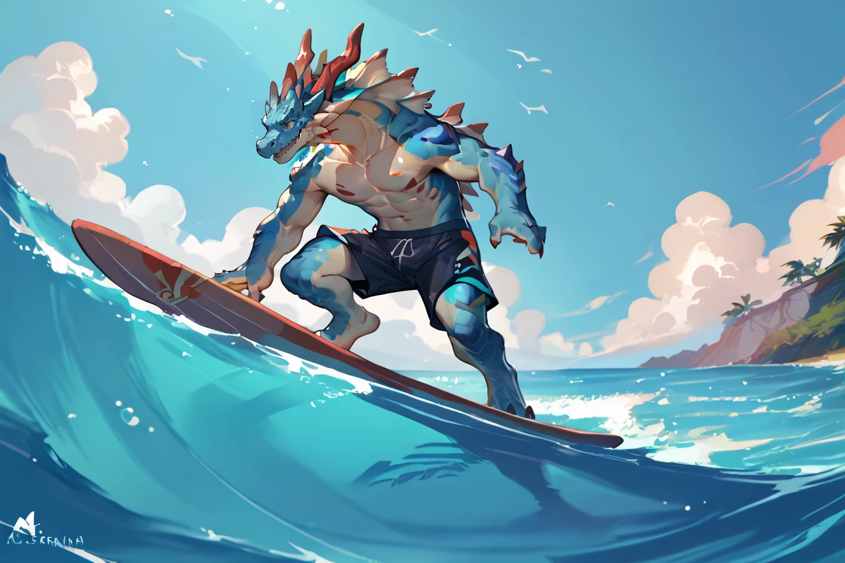 zPDXL,incrssurfing,surfing,swimsuit,barefoot,surfboard,<lora:Surfing_XLPD:1>,
sea,
<lora:Lagiacrus-XL-v1:0.9>,Lagiacrus,authro,dragon,blue scales,red horns,