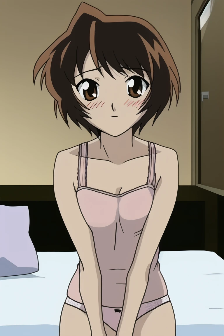 ((masterpiece)), ((best quality)), (ultra-detailed), anime style, look up from below, on the bed, a cute girl, 1girl, solo, hiyama Hikaru, underwear00, ((beautiful eyes)), small breast, smile
