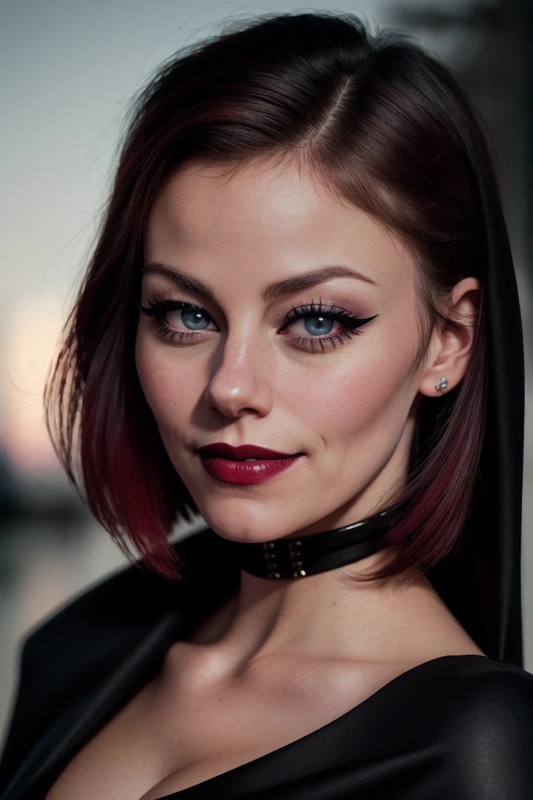cassidyfreeman, , ((detailed skin, detailed face,detailed eyes, beautiful eyes)), ((red lipstick, eyeliner, eye shadow, blush)), ,photo of a woman, RAW, close portrait photo, ((black bodysuit, cape)),((short hair, dark red hair)), ((outdoors, detailed scifi city, walking)), slim body, 8k uhd, dslr, soft lighting, high quality, film grain, Fujifilm XT3 sharp focus, f 5.6,((black lipstick, heavy eyeliner, heavy eye shadow, goth makeup, pale skin)) , smiling