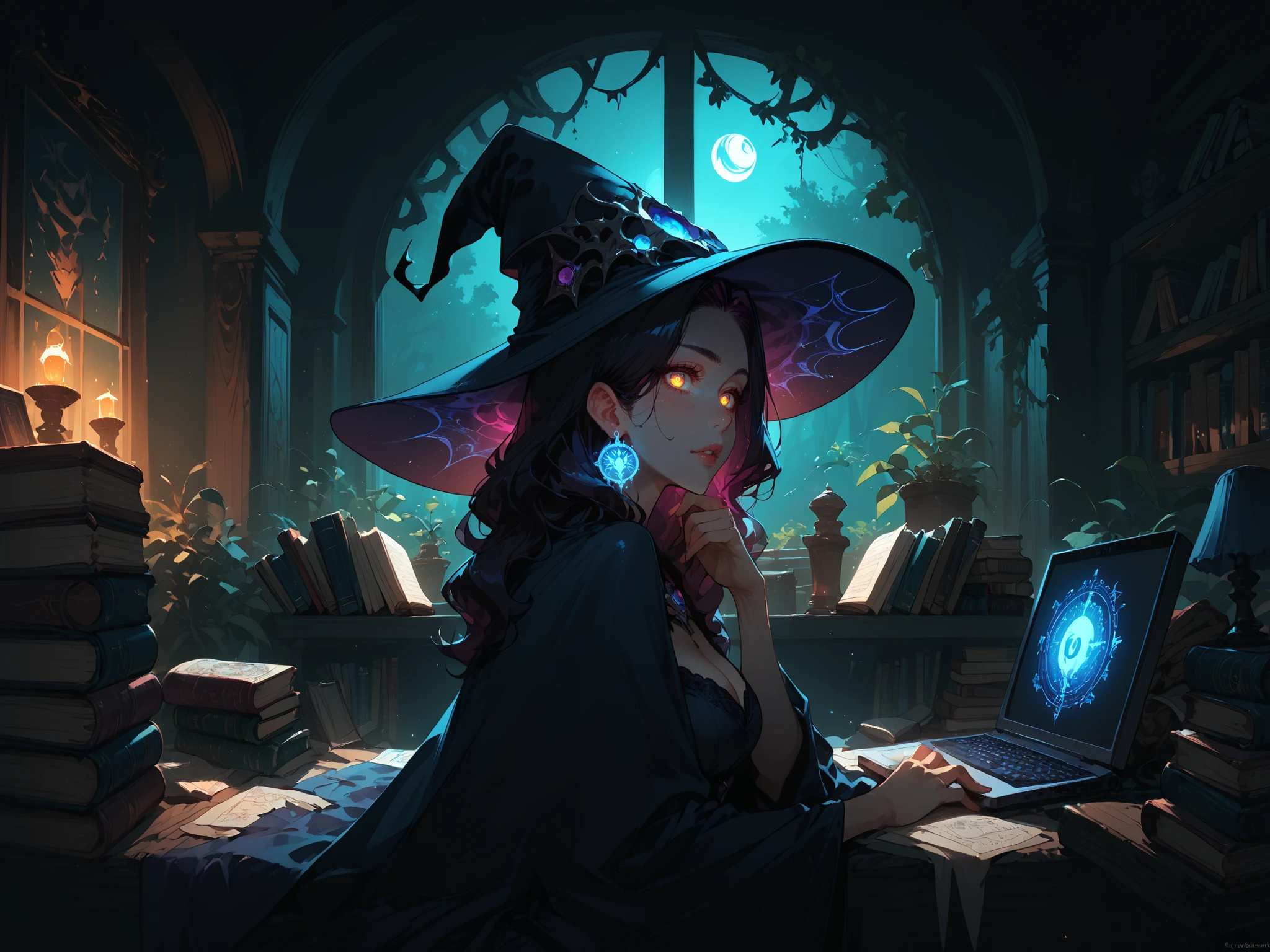 score_9, score_8_up, score_7_up, 1girl , from side, night time, computer, witch, medium breasts, sexy, vibrant, long hair, hand on chin, glow, source anime, glowing earring, bright eyes, Ambient lighting, books, spell, hologram, window, dark forest, witch hat, chair,
<lora:lofigirl-ponyxl:.4> <lora:Dreddborn_Fantasy_Pin_Up_Archetype_-_Witch:.8>