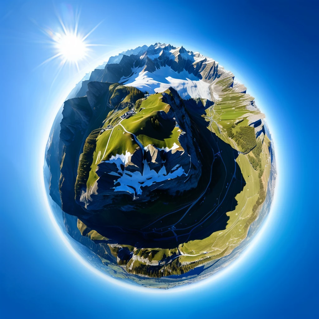 A tiny planet of the Swiss Alps. The sky is a crisp, clear blue with no clouds. The mountainous landscape below features snow-capped peaks and green valleys. The sun is positioned to the side, casting sharp shadows and highlighting the rugged terrain.
