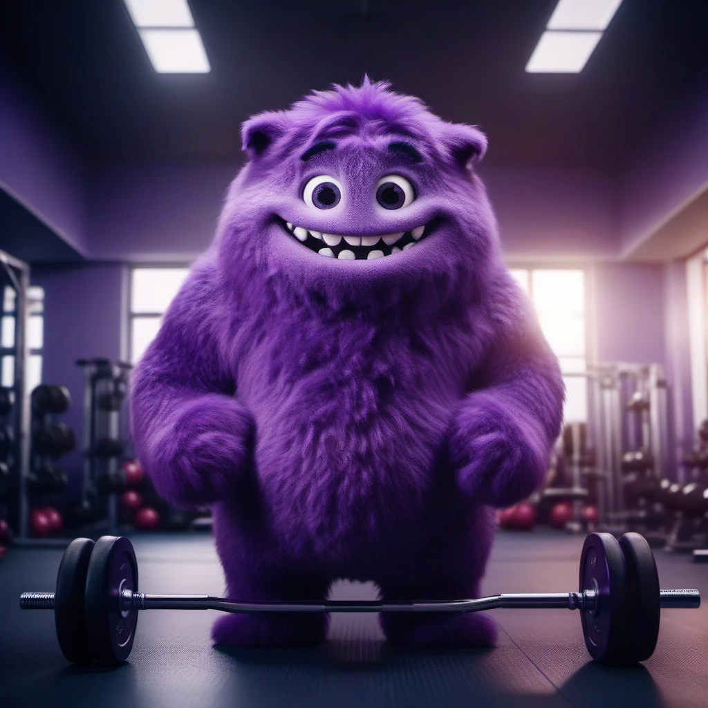 cinematic photo full body portrait purple fur monster, smile, lifts weights in a gym  <lora:Blue1024:0.8> . 35mm photograph, film, bokeh, professional, 4k, highly detailed