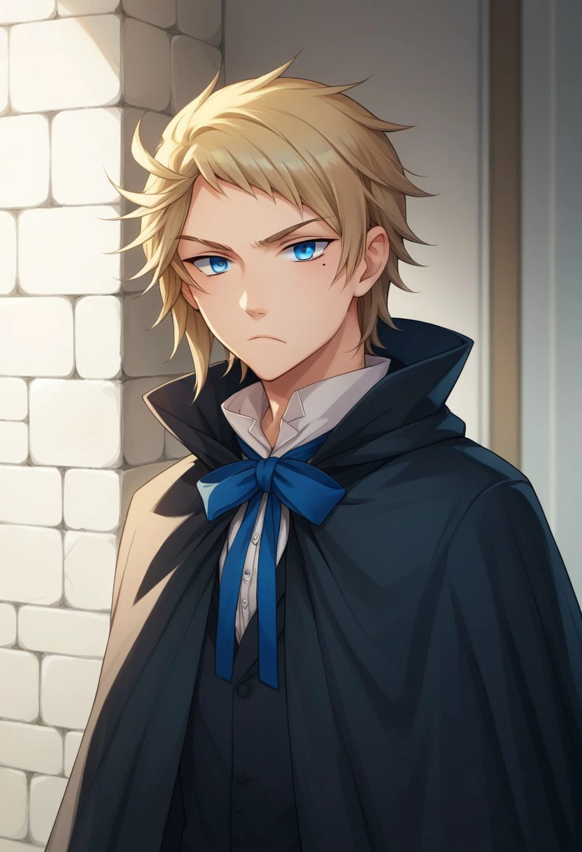 score_9, score_8_up, score_7_up, source_anime, highly detailed, 
elliot, solo, 1boy, blonde hair, male focus, blue eyes, cloak, cape, looking at viewer,
ribbon, blue ribbon, neck ribbon, mole under eye, frown,