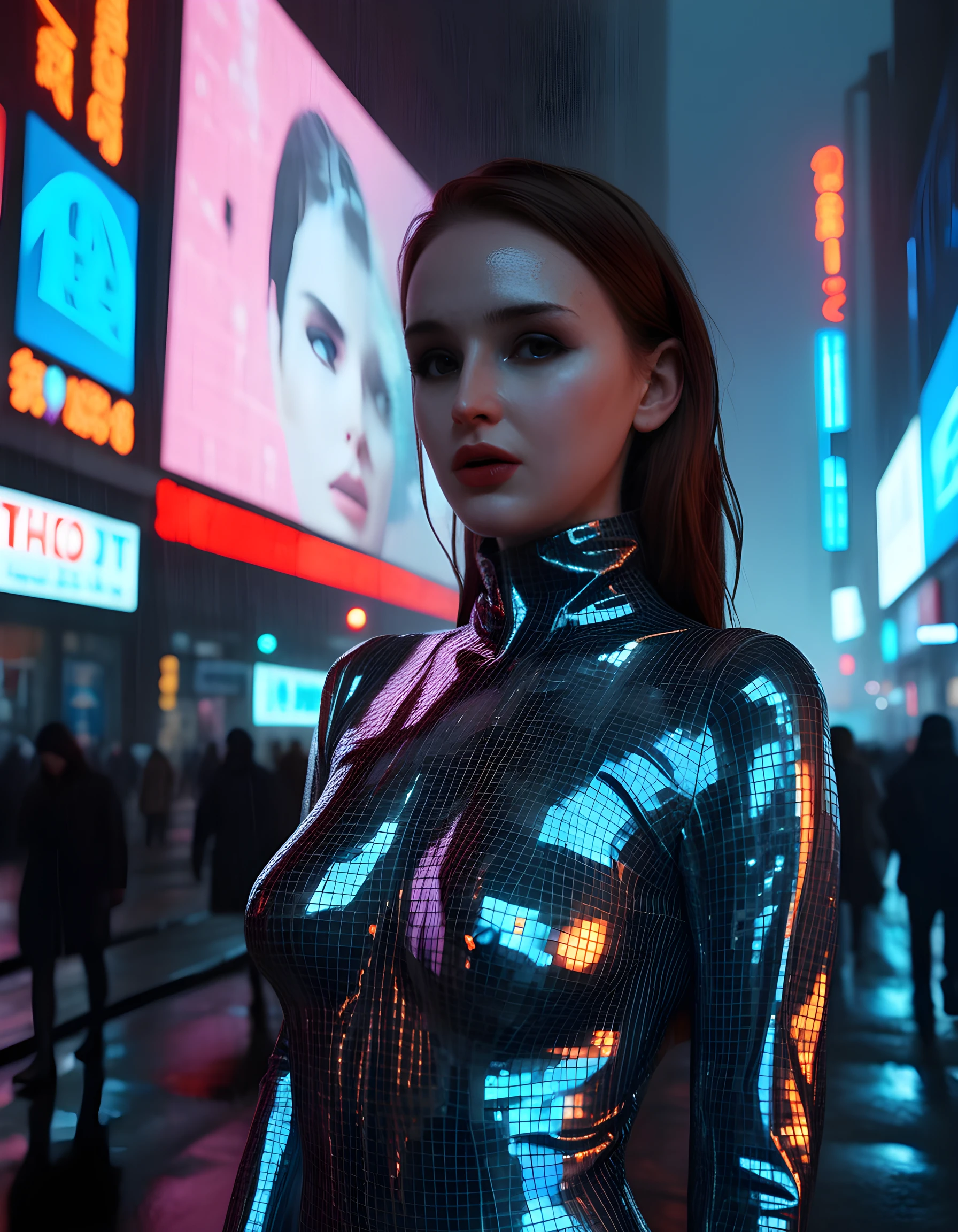 In a surreal, neo-noir setting reminiscent of Blade Runner's dystopian cityscape, the subject 0TT1L13, a woman with cascading brown hair adorned in an avant-garde outfit consisting of a shimmering, iridescent catsuit and a coat made of intricately woven LED lights, stands defiantly against a backdrop of towering holographic advertisements. Her freckles are accentuated by the dim, neon-tinged lighting, casting an ethereal glow upon her face. With fiery red lips that stand out against her pale skin, she stares directly at the viewer, her gaze piercing through the smoky haze of a rain-soaked street below, evoking a sense of power and resilience amidst the chaos of the city. The camera angles from a low perspective, emphasizing her towering height and the futuristic elements that surround her, while the shallow depth of field adds to the dreamlike quality of the image.