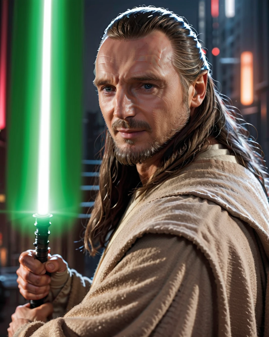 (extreme close-up:1.5) portrait of Qui-Gon Jinn <lora:Qui-Gon_Jinn_Ep1:1> from Star Wars Prequel Trilogy wearing a tan color jedi poncho, holding a green lightsaber, smiling, skin pores, 8k uhd, dslr, soft lighting, high quality, background of star wars planet battlefield with smoke and vapor, intricate details, masterpiece, trending on artstation, realistic, Cinematic, epic, action packed, incredibly detailed and realistic, magnificent, vignette, high budget, bokeh, moody, sharp, highly detailed, concept art, realistic hands, dynamic pose, dynamic shotfantastic location, majestic cluttered environment, 8k unity render, action shot, skin pores, detailed, detailed face, (vibrant, photorealistic, realistic, dramatic, dark, sharp focus, 8k), (weathered damaged old worn leather outfit:1.5), (intricate:1.5), (highly detailed:1.4), octane render, sharp focus, art by artgerm, (loish:0.23) , wlop ilya kuvshinov, and greg rutkowski and alphonse mucha gracias, (global illumination, studio light, volumetric light)