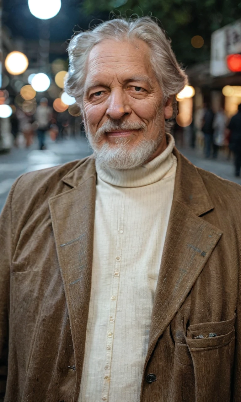real life photo,rating_safe,score_9, score_8_up, score_7_up,portrait,clanb,grey hair,beard,solo,1boy,old man,male,brown coat,white turtleneck,standing on street,bokeh<lora:EMS-427474-EMS:1.000000>