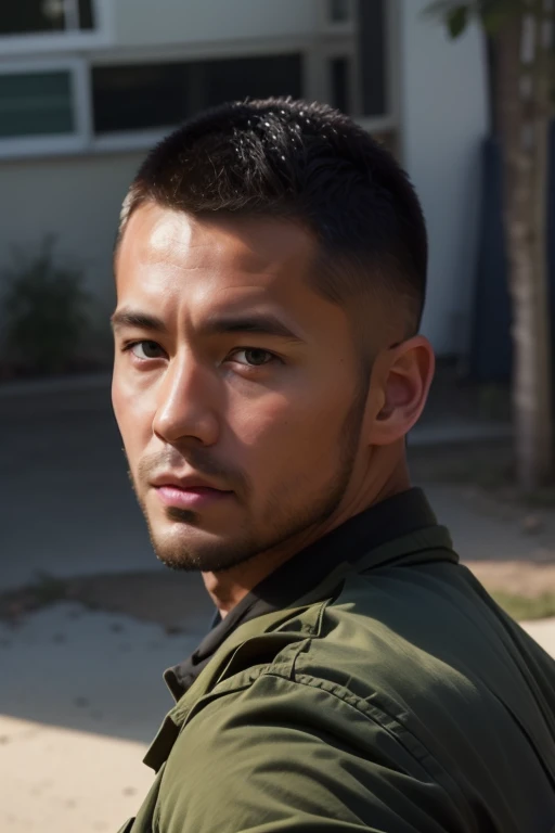 (photo_realistic:1.3),best quality,highres,ultra details,masterpiece,8K,UHD,close up,
1boy,QJ_Person,looking at viewer,30 years old,handsome rugged face,crew cut,facial_hair,short hair,black_hair,black_eyes,