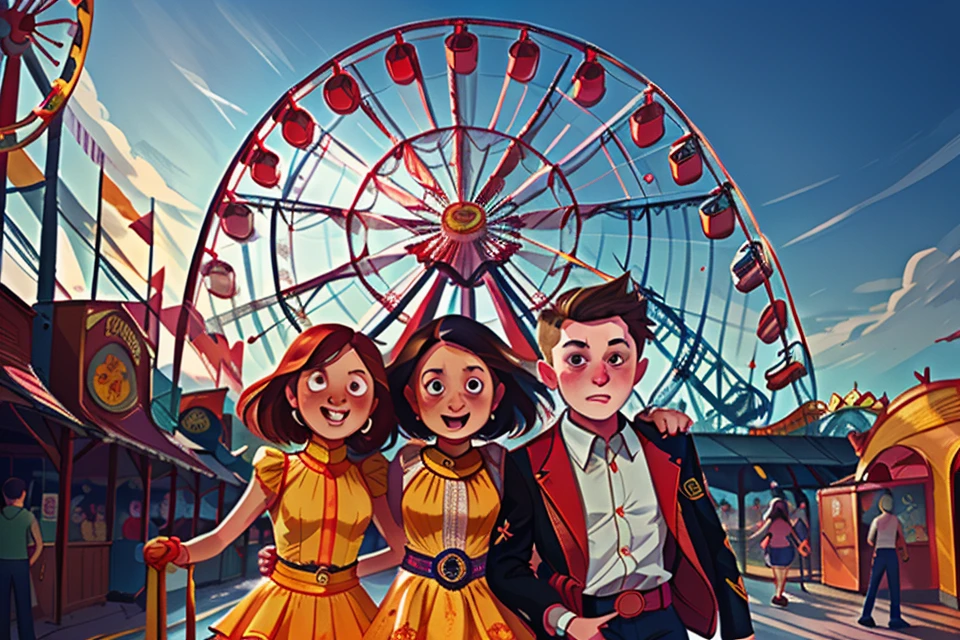 theme_paek,costume_mascots, rollercoaster, ferris wheel, children, candid_shot, multiple girls, multiple boys,