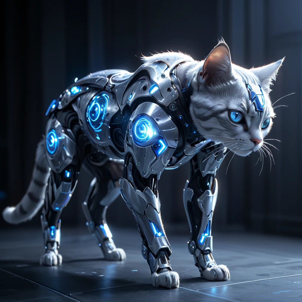 a divin cat, standing on 4 legs, futuristic, wearing scifi armor, glossy, delicate frame, cyborg, deus ex human revolution, silver and blue glow, SilverPulse, masterpiece, best quality, highly detailed, sharp focus, dynamic lighting