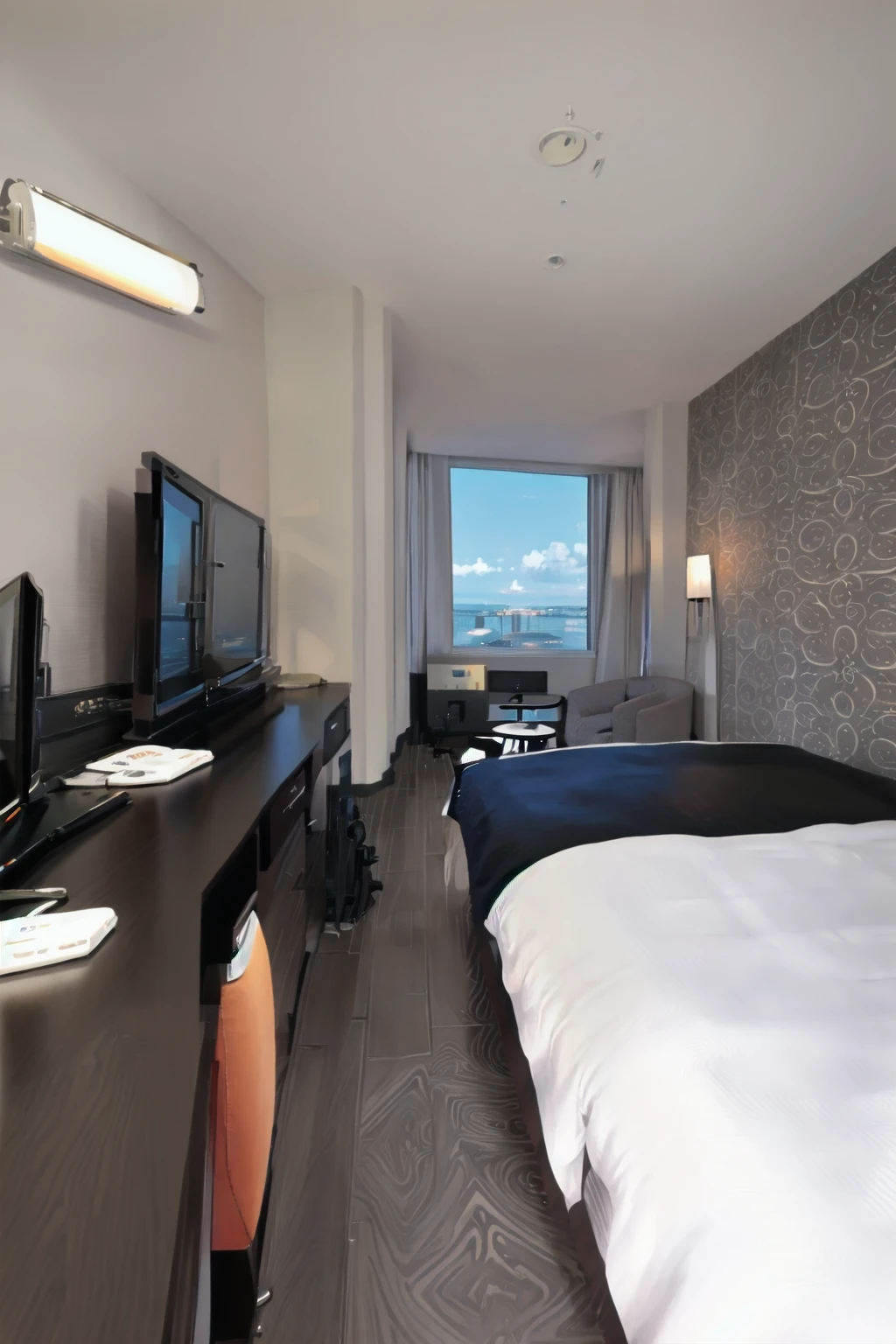 masterpiece, best quality, ultra-detailed, illustration,masterpiece, best quality, very aesthetic, absurdres,
apahotel, window, scenery, bed, pillow, indoors, sky, chair, day, blinds, lamp, blue sky, cloud, television, phone
<lora:APA_makuhari_s_SD15_V1:1>