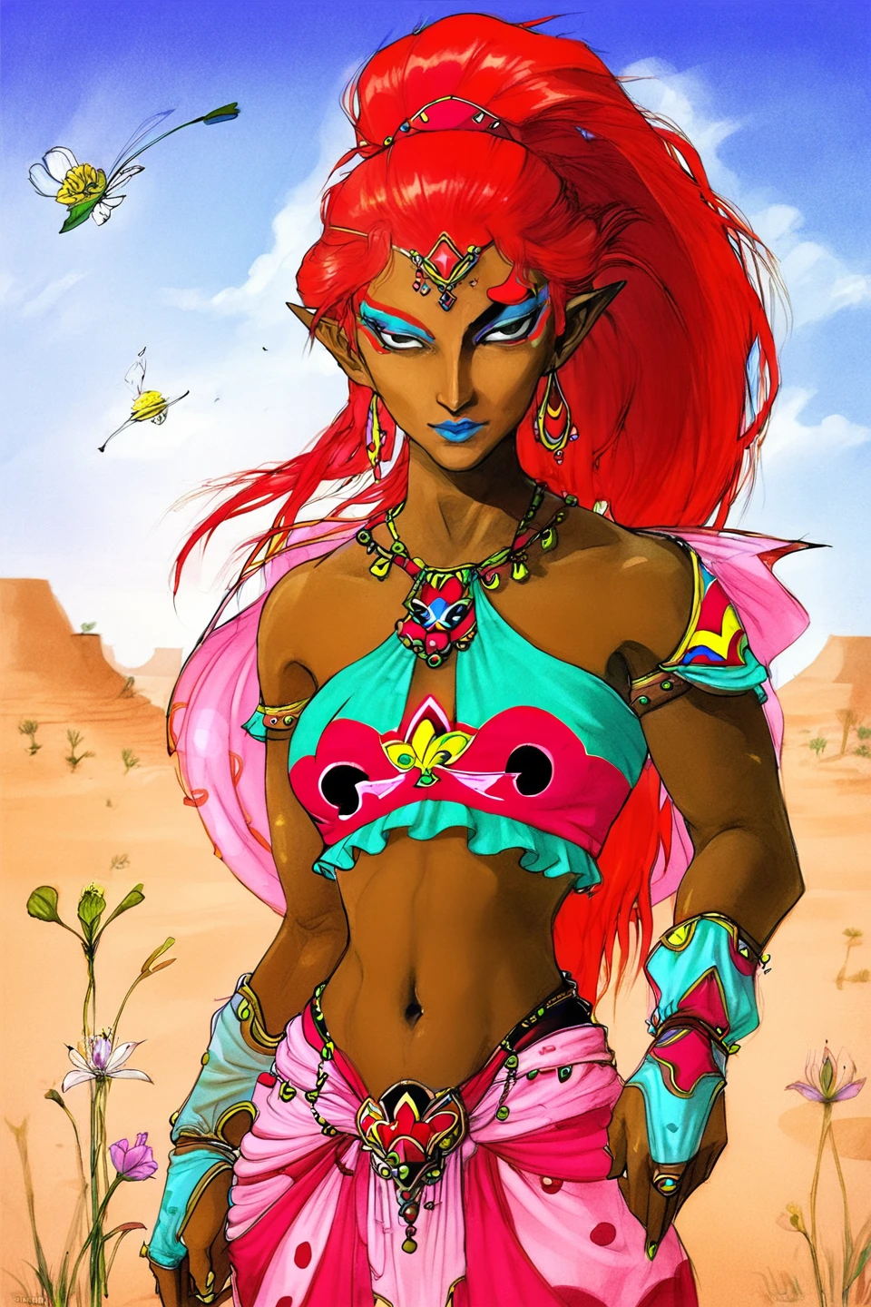 1girl, solo, gerudo, forehead jewel, chest jewel, red hair, dark skin, gerudo outfit, midriff, breasts, makeup, eyeshadow, lipstick, navel, wrist guards, pointy ears, desert, flower, dragonfly, half-closed eyes, upper body, sky
<lora:YOSHITAKA_AMANO_style-000009:1>, score_7_up, score_6_up,
<lora:Ocarina64_low_poly:.35>