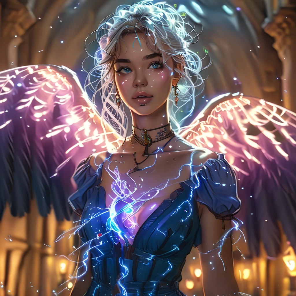 dress, brown eyes, ring, earrings, electricity, orb, blue nails, feathered wings, green eyes, eyelashes, nature