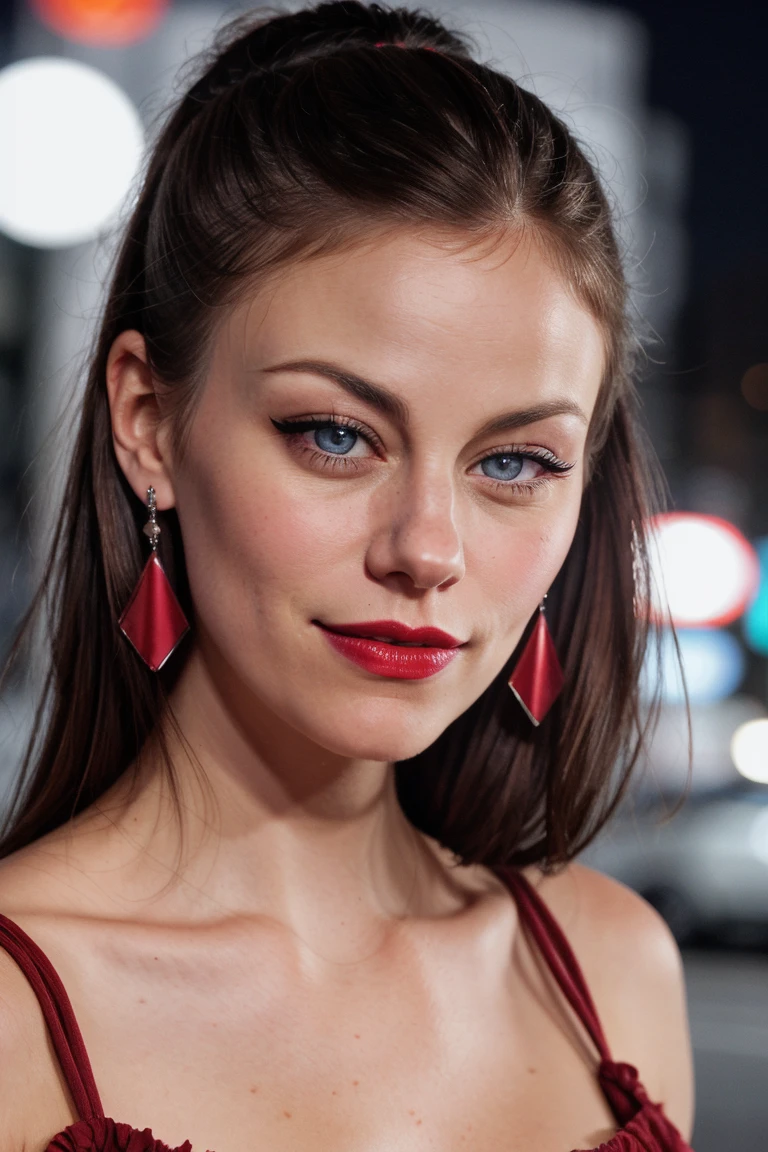 cassidyfreeman, , ((detailed skin, detailed face,detailed eyes, beautiful eyes)), ((red lipstick, eyeliner, eye shadow, blush)), photo of a woman, closeup portrait, perfect hair, (modern photo, Melon tight top), 24mm, (analog, cinematic, film grain:1.3), (on the streets of Paris, nighttime, gritty:1.1), detailed eyes, (seductive pose), (epicPhoto), upper body, (looking at viewer), earrings, (eyeliner, eyelashes)