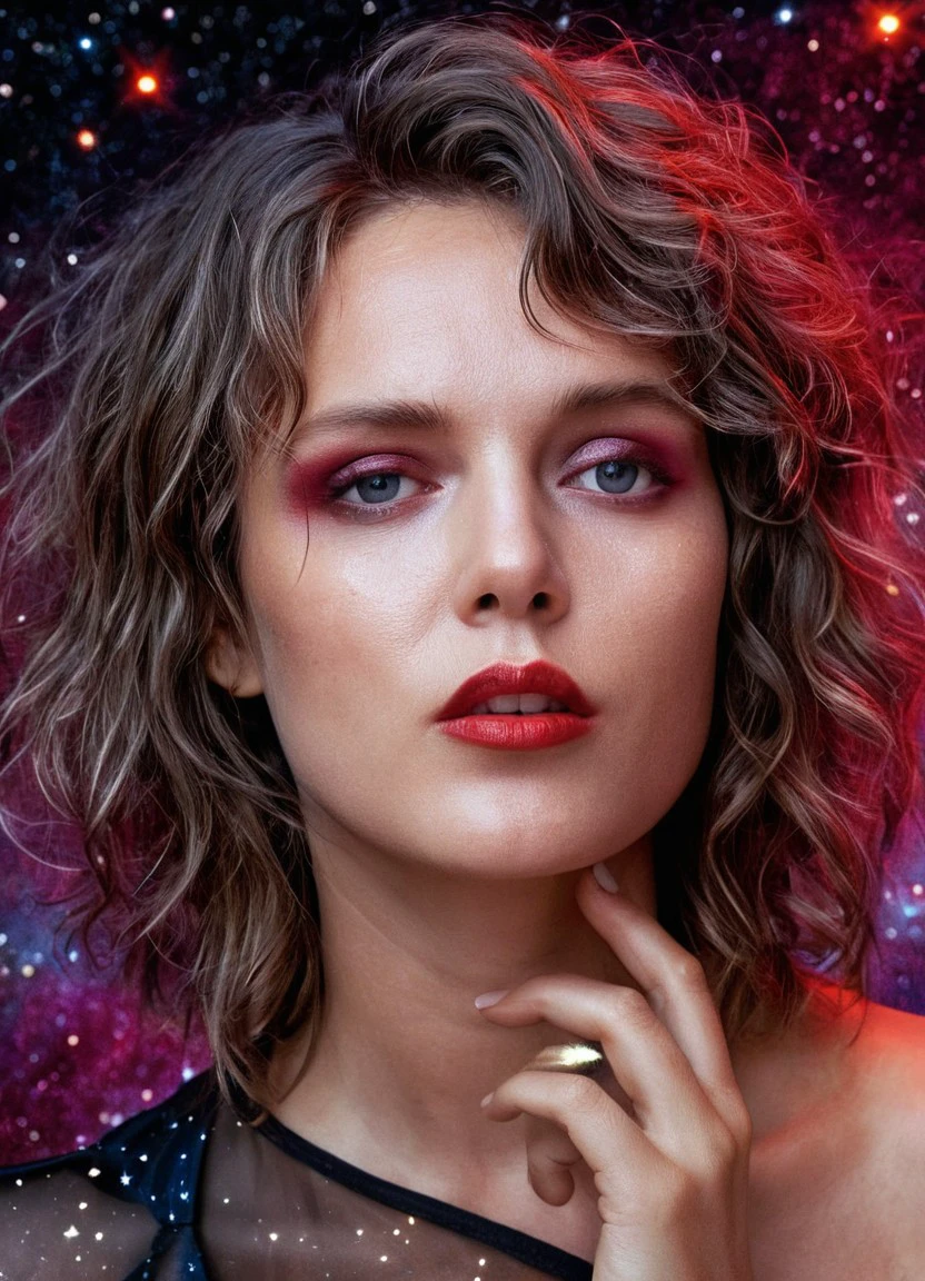 <lora:Tove Lo-000007:1>,  tdptvl woman , swirling motes of starlight, red lipstick, night,  space fragmentation, messy hair, serious, glowing hand, surreal, upper body, dynamic pose, Travel through time and space,ultra highres, sharpness texture, High detail RAW Photo, detailed face,