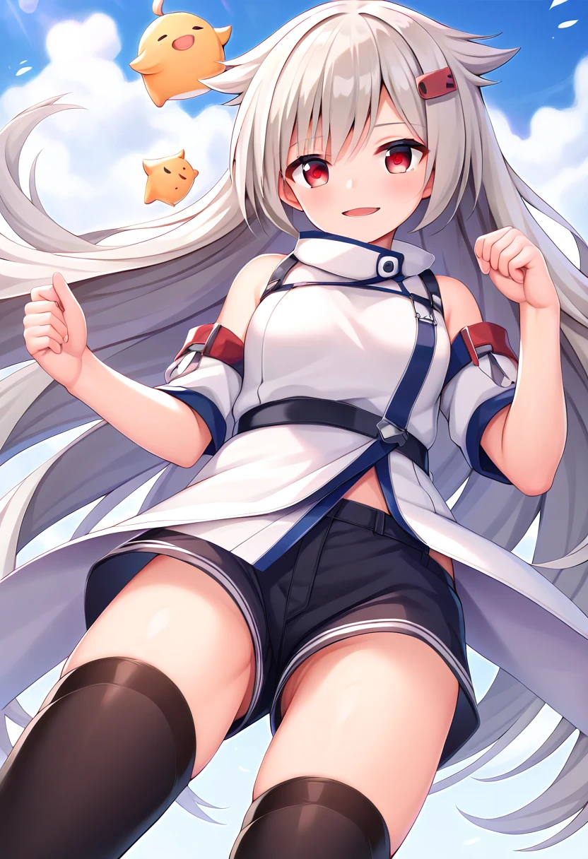 score_9, score_8_up, score_7_up, score_6_up, score_5_up, score_4_up, source_anime, 
BREAK,
1girl, solo, looking at viewer, simple background, front view, 
<lora:montpelier_azurlane_pony_v2:1> montpelier (azur lane), long hair, red eyes, <lora:Montpelier:1.3> montpelier \(azur lane\), red eyes, bouncing hair, hairclip, platinum blonde hair, black legwear, long hair, looking at viewer, shorts, thighhighs, very long ponytail, 
<lora:smirk_concept_ponyXL_v3:2>