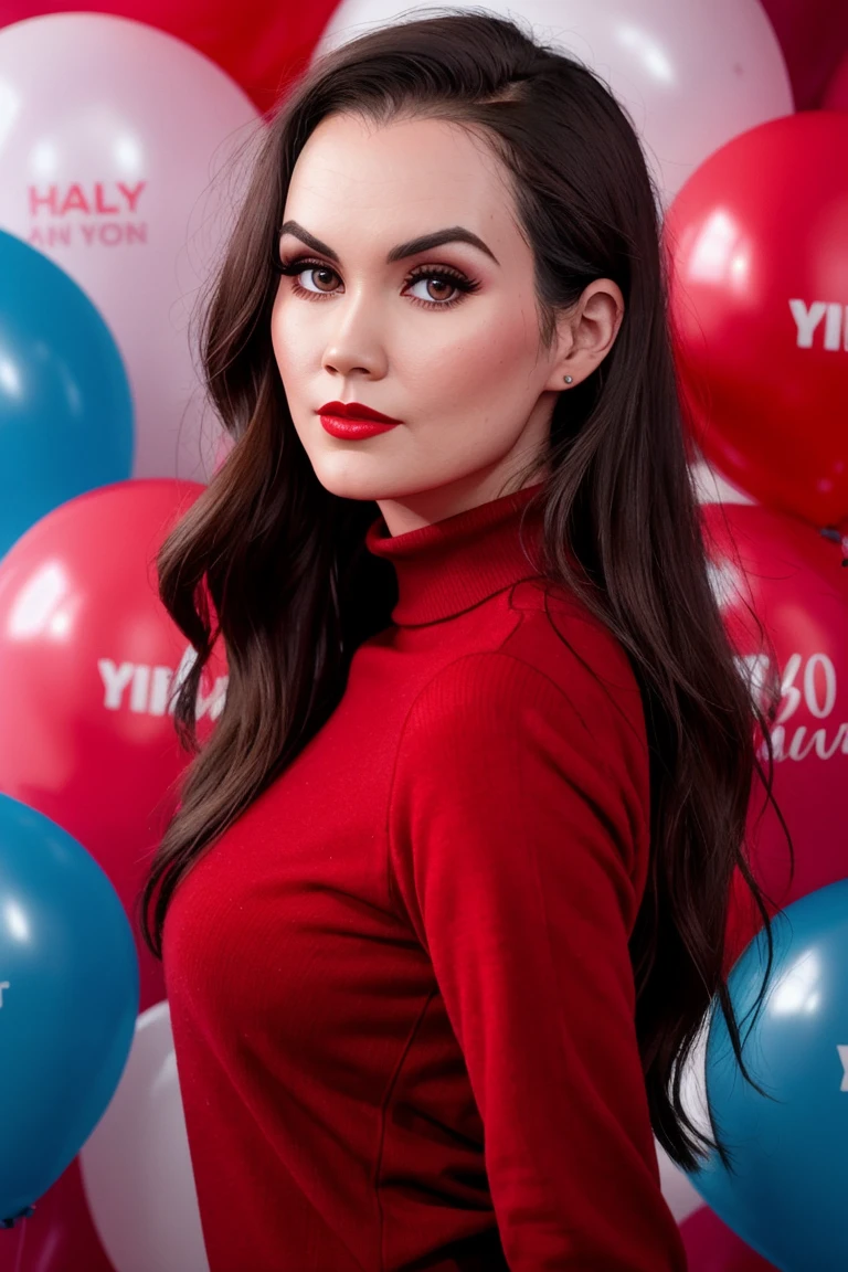 sydneywatson-2709, , ((detailed skin, detailed face):1.2), ((detailed eyes, beautiful eyes):1.2), ((red lipstick, blush, eyeliner, eye shadow, pale skin)), , photo of a woman, ,fashion portrait photo of a woman from the 60s wearing a red turtleneck standing in the middle of a ton of balloons, taken on a hasselblad medium format camera,