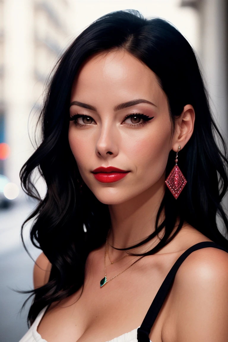 ameliacooke-2955, ((detailed skin, detailed face):1.2), ((detailed eyes, beautiful eyes):1.2), ((red lipstick, eyeliner, eye shadow, blush)), photo of a woman, closeup portrait, perfect hair, (modern photo, Melon tight top), 24mm, (analog, cinematic, film grain:1.3), (on the streets of Paris, nighttime, gritty:1.1), detailed eyes, (seductive pose), (epicPhoto), upper body, (looking at viewer), earrings, (eyeliner, eyelashes)