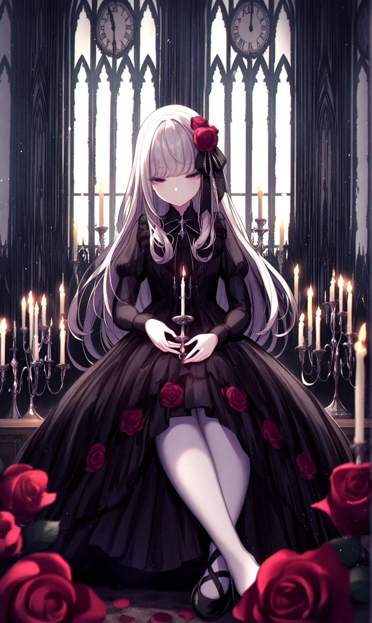 1girl, flower, rose, solo, candle, red rose, dress, black dress, red flower, gothic, long sleeves, long hair, pantyhose, hair flower, hair ornament, juliet sleeves, puffy sleeves, clock, indoors, holding, white pantyhose, half-closed eyes, closed mouth, white hair, black bow, sitting, purple eyes, church, red eyes, window, fire, bow, looking at viewer, candlestand, petals