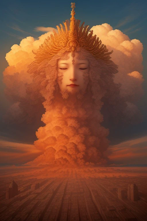 Big fucking clouds!,Cloud, Renaissance style concept of an ancient city scape, mold, flowers, trees, and fungus growing,  ornate pots of all shapes and colors, clear skies, golden hour, Vibrant colors, hd resolution, intricate details, Art Nouveau Style,