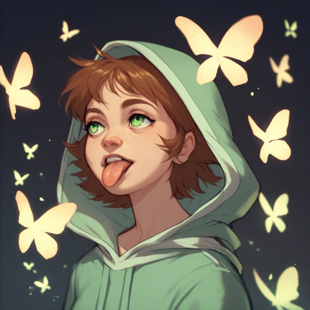 score_9, score_8_up, score_7_up, score_6_up, Alche, W.I.T.C.H., 1girl, solo, solo focus, short hair, brown hair, green eyes, glowing butterflies, in the grasslands, dark, night time,  hood, tongue out, hoodie,