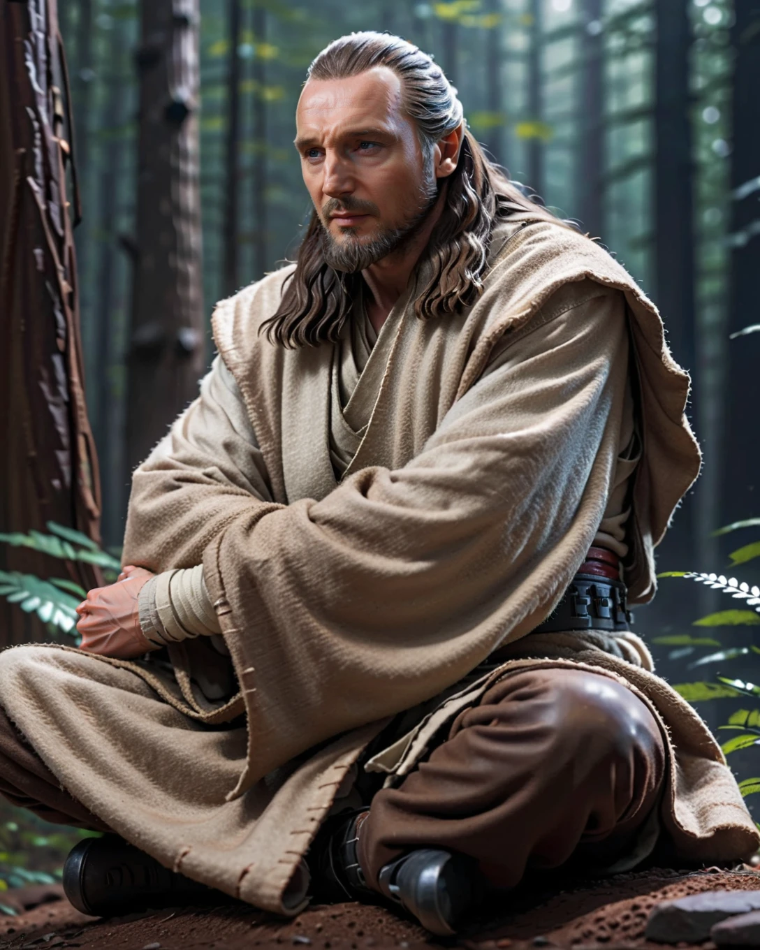 photo of Qui-Gon Jinn <lora:Qui-Gon_Jinn_Ep1:1> from Star Wars Prequel Trilogy wearing a jedi outfit, sitting meditating on a rock in a dark forest, eyes closed, skin pores, 8k uhd, dslr, soft lighting, high quality, background of mysterious forest, intricate details, masterpiece, trending on artstation, realistic, Cinematic, epic, action packed, incredibly detailed and realistic, magnificent, vignette, high budget, bokeh, moody, sharp, highly detailed, concept art, realistic hands, dynamic pose, dynamic shotfantastic location, majestic cluttered environment, 8k unity render, action shot, skin pores, detailed, detailed face, (vibrant, photorealistic, realistic, dramatic, dark, sharp focus, 8k), (weathered damaged old worn leather outfit:1.5), (intricate:1.5), (highly detailed:1.4), octane render, sharp focus, art by artgerm, (loish:0.23) , wlop ilya kuvshinov, and greg rutkowski and alphonse mucha gracias, (global illumination, studio light, volumetric light)