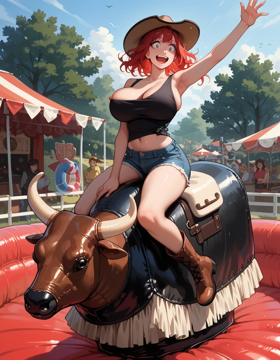 score_9, score_8_up, score_7_up, score_6_up, score_5_up, score_4_up, 1girl, solo, huge breasts, nipple slip, black tank top, shirt falling down, midriff, shorts, boots, holding cowboy hat, smile, red hair, arm up, riding, hud_bullr1de, ground vehicle, animal, horns, inflatable stage, <lora:hud_bullr1de_XLP9:0.8>, outdoors, :o, surprised, wide-eyed,