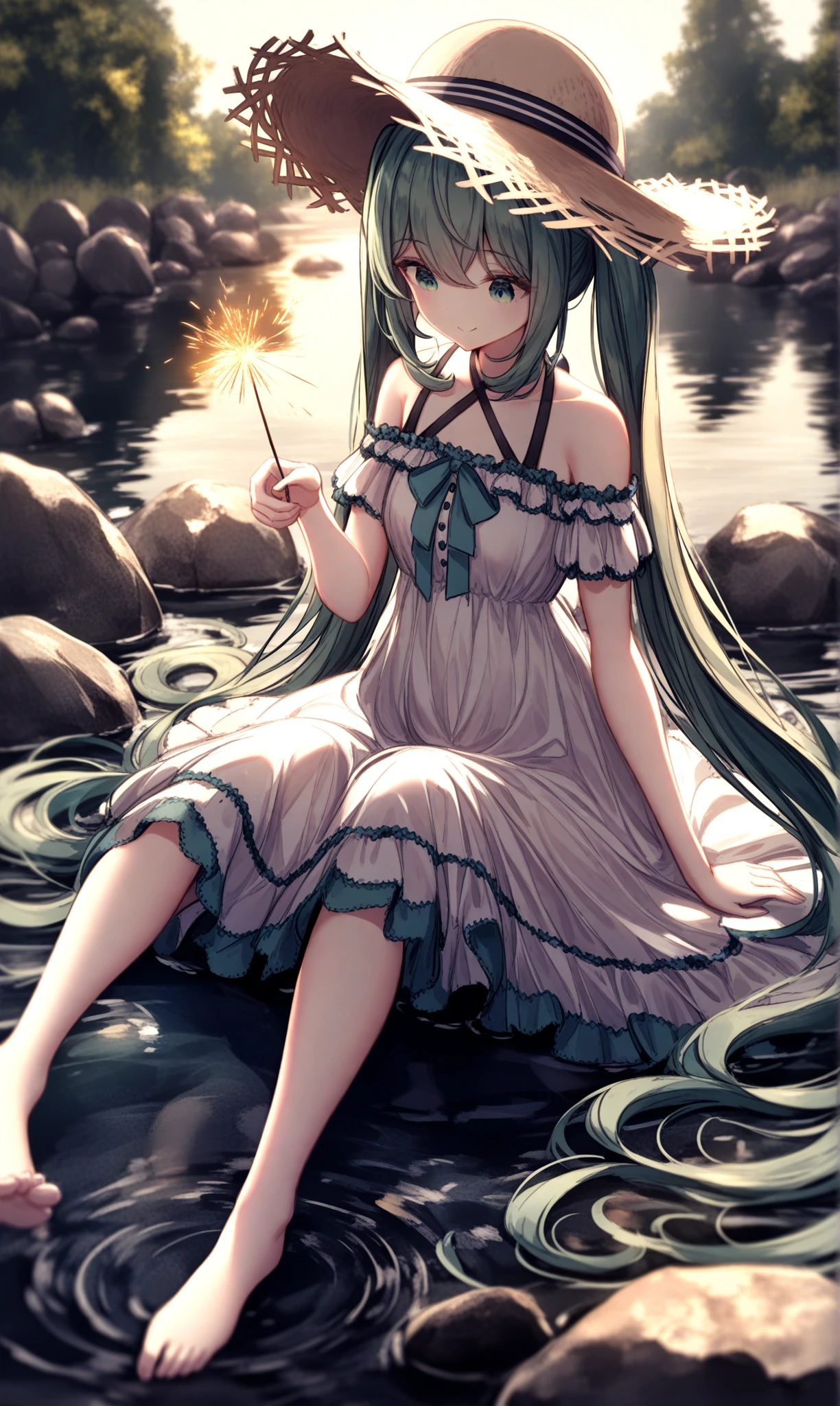 1girl, dress, solo, long hair, hat, white dress, twintails, sitting, water, outdoors, rock, barefoot, hair between eyes, sun hat, sparkler, short sleeves, closed mouth, aqua hair, frilled dress, reflective water, aqua eyes, reflection, frills, very long hair, bare shoulders, looking down, sundress, straw hat, off-shoulder dress, white headwear, smile, halterneck, hatsune miku