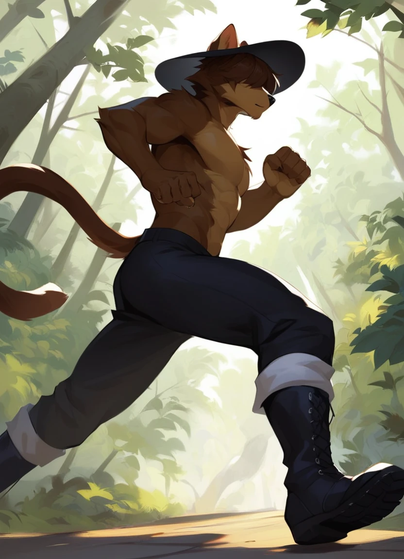 score_9, score_8_up, score_7_up, score_6_up, (carlos_gamerfox:1), ((male focus, 1boy, solo)), male, full body, anthro cat, cat ears, cat tail, brown hair, brown fur, black nose, animal ears, from below, hat, black headwear, hat over eyes, { bare chest, boots, black footwear, pants, black pants, ((running)), forest background, <lora:CarlosGamerfox_epoch_7:0.5>