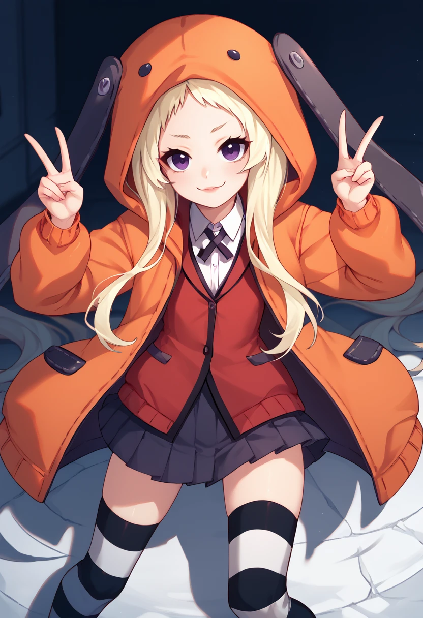 score_9,  score_7_up,  1girl, solo, Runa, blonde hair, purple eyes, orange hooded jacket, white shirt, animal hood, red blazer, pleated skirt, striped thighhighs,  double v,  <lora:Runa new 2-000008:1>