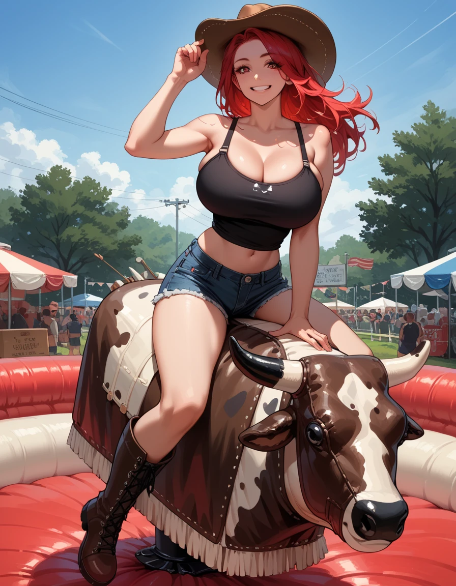 score_9, score_8_up, score_7_up, score_6_up, score_5_up, score_4_up, 1girl, solo, huge breasts, black tank top, midriff, bra, shorts, boots, holding cowboy hat, smile, red hair, arm up, riding, hud_bullr1de, ground vehicle, animal, horns, inflatable stage, <lora:hud_bullr1de_XLP9:0.8>, outdoors,