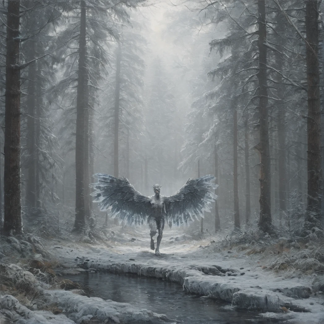 1girl, solo, (Ice Harpy), winged arms, Ice feathers, full body, day, natural Light, (creature, monster), (UHD, 8K, ultra detailed, looking at the camera, moody forest, highly detailed, best quality, high detail, amazing detail, masterful, work of a master, highly detailed background, shallow depth of field, photorealistic, RAW image, 8k high resolution, ray tracing, realistic, volumetric lighting), ((realistic)), style of Simon Schubert,
