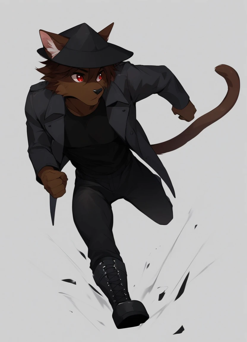 score_9, score_8_up, score_7_up, score_6_up, (carlos_gamerfox:1), ((male focus, 1boy, solo)), male, full body, anthro cat, cat ears, cat tail, brown hair, brown fur, black nose, animal ears, from above, hat, black headwear, red eyes, coat, black coat, shirt, black shirt, boots, black footwear, pants, black pants, ((running)), forest background, <lora:CarlosGamerfox_epoch_7:0.5>