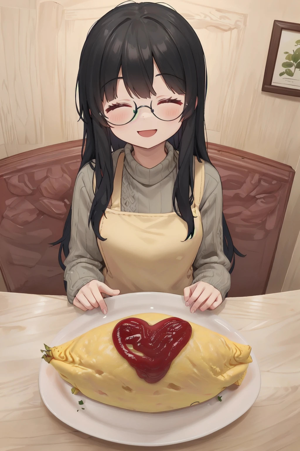 masterpiece, best quality, very aesthetic, absurdres,  
1girl, solo, glasses, black hair, long hair, white ribbed sweater, black apron,  happy, smile, looking at viewer, closed eyes, open mouth, sitting, across table, 
BREAK
omurice_heart, heart, plate, ketchup:1.2), spoon, 
 <lora:omurice_heart_SD15_V1:1>