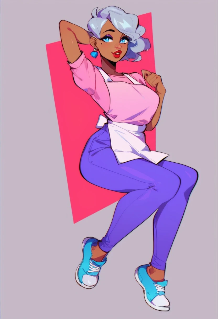 barbara, 1girl, full body, solo, blue eyeshadows, blue eyes, red lipstick, big red lips, puffy grey hair, pink shirt with a light pink apron, purple pants, blue shoes, semi-dark skin, mole on right cheek, middle aged-woman