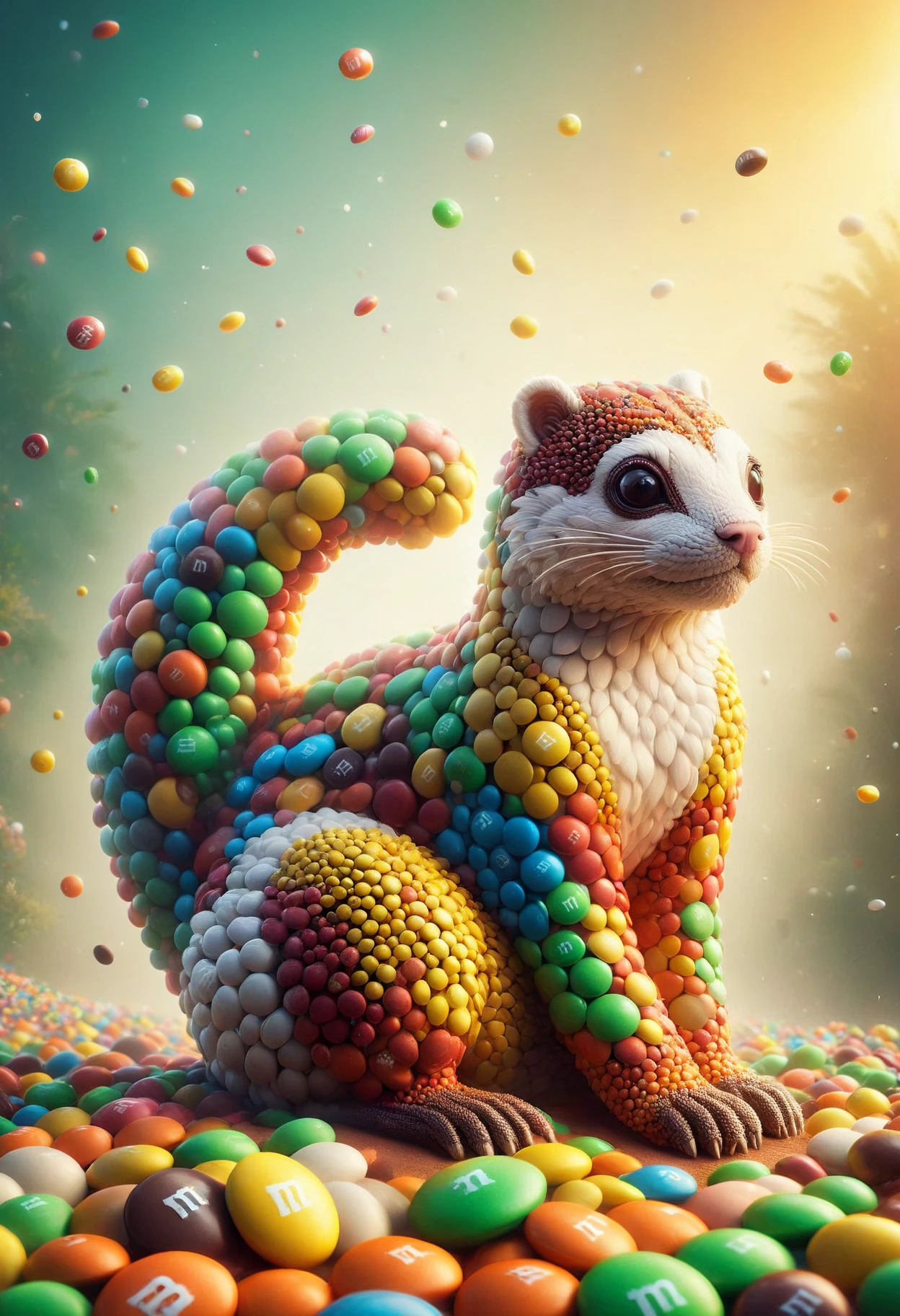 Enchanting Mystical Skunk of Elements, Bokeh, Cosy, Fujicolor, Plain white background, behance, drab, amateurish, made out of m&m candies,<lora:PinkieM&MCndsSDXL-v1:1>, p1nkm&m, dynamic cinematic color, best, complex, sunny, highly enhanced, confident, beautiful