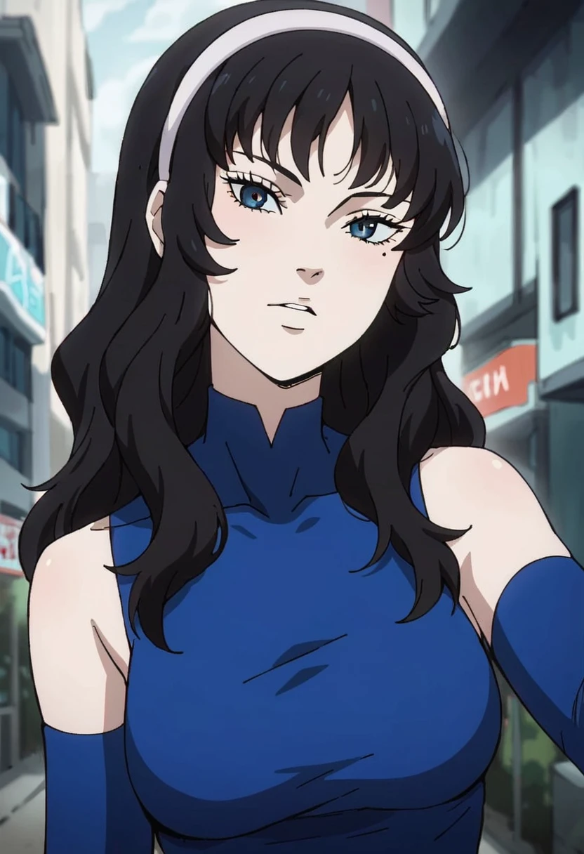 score_9, score_8_up, score_7_up, score_6_up, perfect face, perfect eyes, source_anime, vxtomiem, 1girl, black hair, hairband, solo, long hair, mole under left eye, blue dress, <lora:tomie_maniac_pony:0.8>, <lora:SDXL_BetterFaces-LoRA_v1:0.9> 4ng3l face, in city