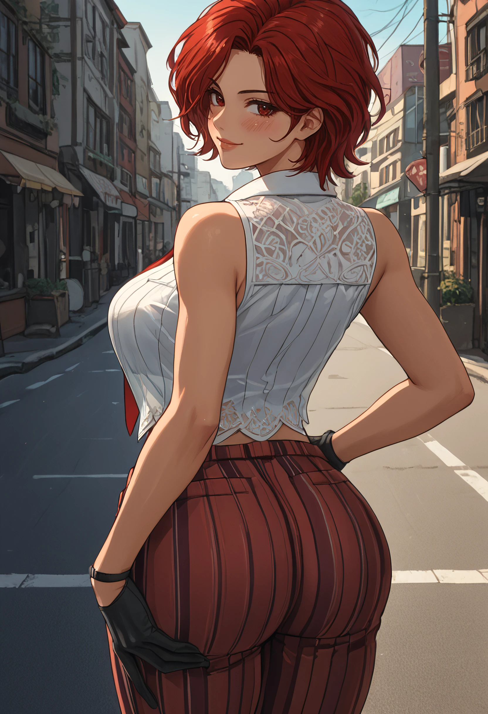 score_9, score_8_up, score_7_up, source_anime BREAK 1girl, solo, looking at viewer, cowboy shot, from behind, huge ass, butt crack, 
<lora:VanessaKofDwnsty-000007:1.1>, vanessakofdwnsty, red hair, red eyes, short hair, red necktie, black gloves, vertical-striped shirt, collared shirt, sleeveless shirt, see-through, bare shoulders, vertical-striped pants, multicolored pants, 
large breasts, skindentation,seductive smile,happy, blush, hands on own hips, 
outdoors, street, sunlight,blue eyes, landscape, skyscraper,