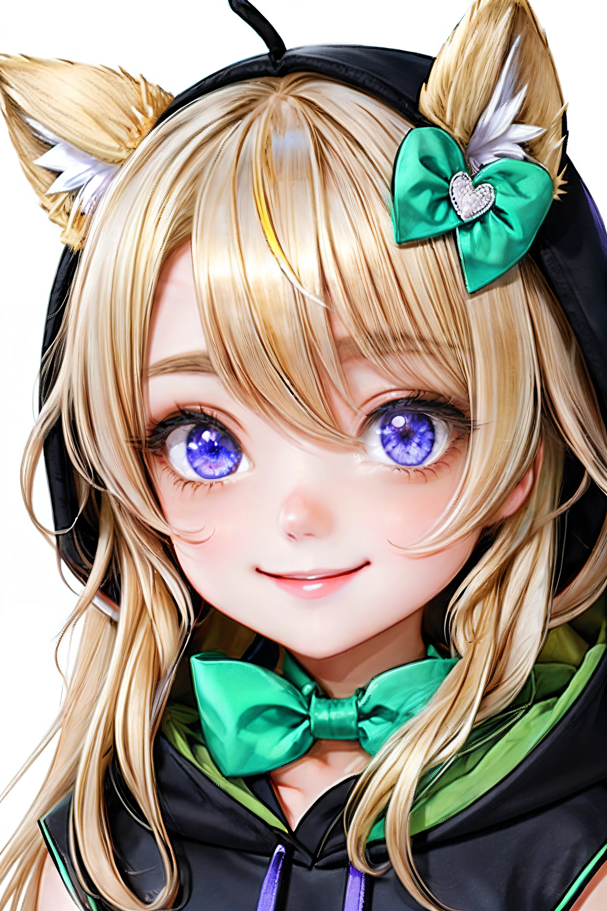 loraeyes, 1girl, animal ears, white background, blue eyes, (blonde hair:1.2), breasts, brown eyes, green bow, hair ornament, heart ahoge, hood, long hair, looking at viewer, portrait, purple eyes, smile, solo, virtual youtuber, vtuber, <lora:Vtuber:0.6>, <lora:Loraeyes_V1:0.7>,