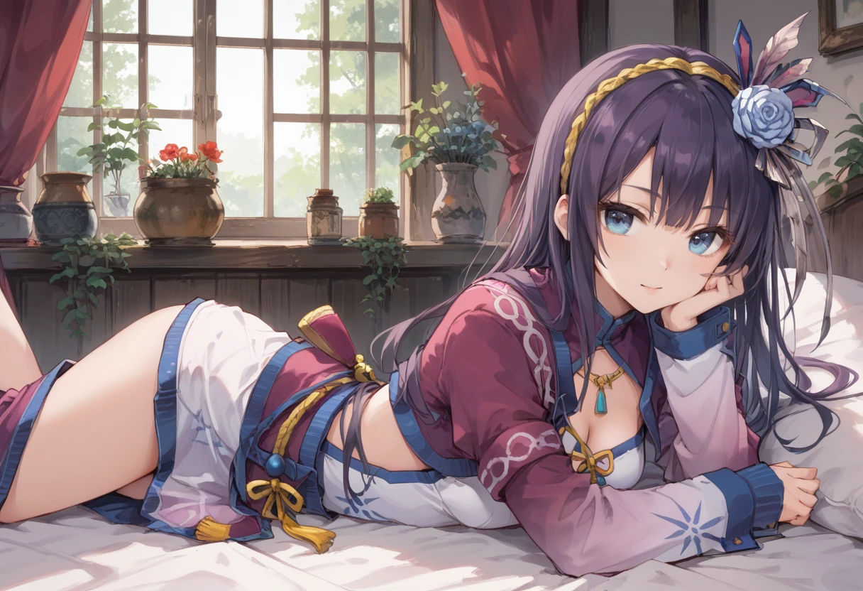 (score_9:0.9),score_8_up,score_7_up,rating_safe,anime style,(zPDXL),<lora:Gobul armor ponyXL v1.2:0.8>,gobul x gunner armor,white hair ornament,white chinese dress,purple long sleeves,1girl,solo,blue eyes,long hair,purple hair,looking at viewer,on stomach, laying, bed